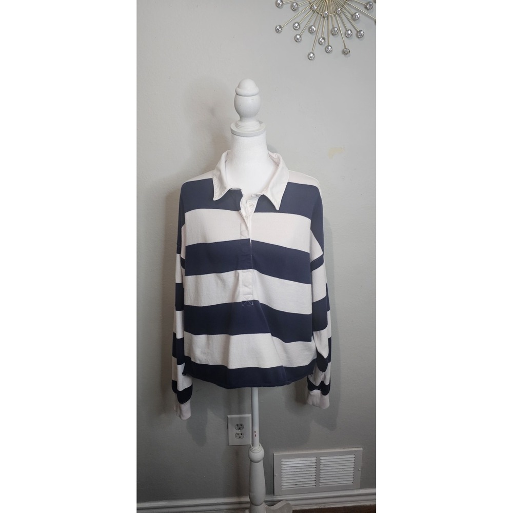 aerie Navy and White Striped Long Sleeve Polo